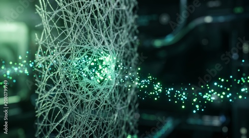 Abstract Microscopic View of Air Filtration Process with Glowing Nanoparticles and Fiber Mesh