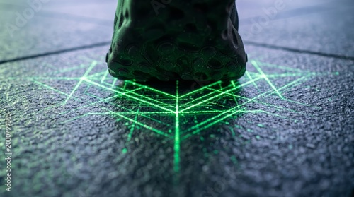 Advanced Futuristic Scanning Technology with Neon Green Laser Grid Pattern on Textured Surface