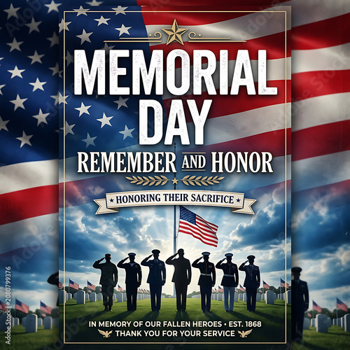 Memorial day veterans marching with american flag and patriotic banner