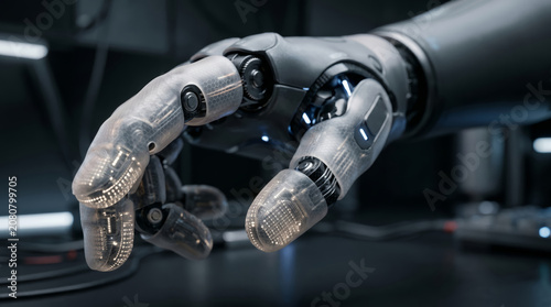 Close-up of a futuristic robotic hand with advanced mechanical joints and translucent fingertips