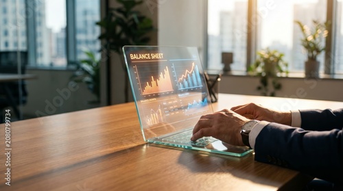 Businessman analyzing financial data on futuristic transparent glass laptop in modern office