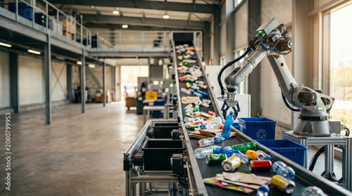 Automated Robotic Arm Sorting Plastic and Metal Waste on Conveyor Belt in Recycling Facility