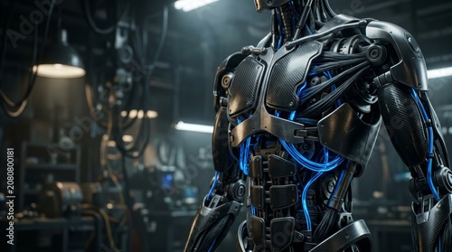 Futuristic Humanoid Cyborg Body with Glowing Blue Wires in Dark Industrial Laboratory