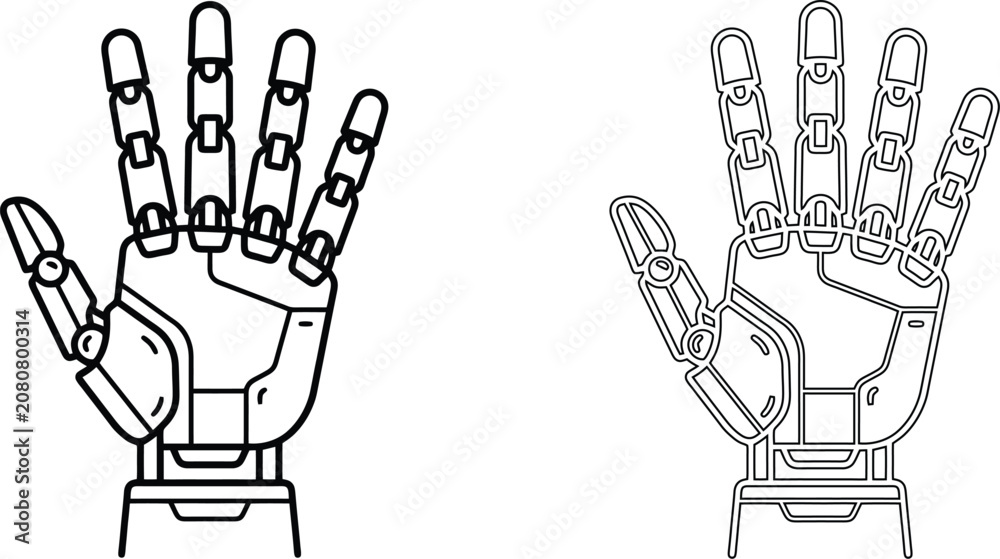 Fototapeta premium Robotic hand vector line art icon set, futuristic bionic cyborg hand with mechanical joints, artificial intelligence and robotics engineering concept illustration