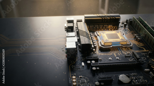 Close-up of Modern Computer Motherboard with CPU Socket and Electronic Components