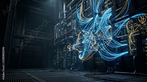 Futuristic data center with glowing neural network light fibers in a dark server room