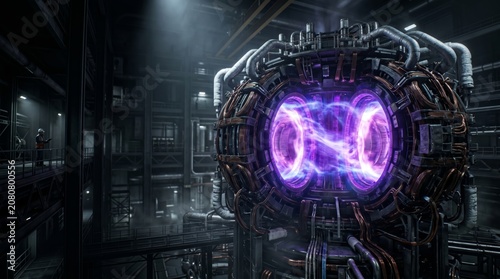 Futuristic nuclear fusion reactor with glowing purple plasma core in a dark industrial laboratory