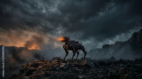 Futuristic Robot Dog Scouting a Rocky Desolate Landscape Under Stormy Sky