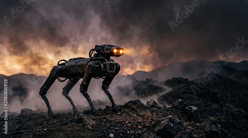 Advanced Robotic Dog Standing on Rugged Mountain Terrain with Volcanic Fire and Smoke Background