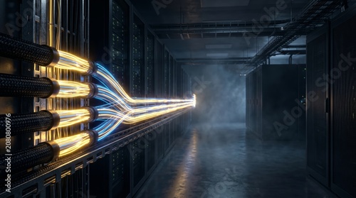 High Speed Data Transmission and Fiber Optic Connection in Modern Server Room Data Center Concept