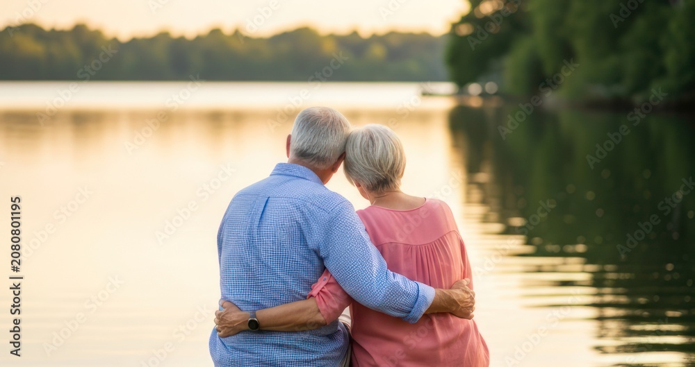 Fototapeta premium Senior Couple Embracing by Lake at Sunset