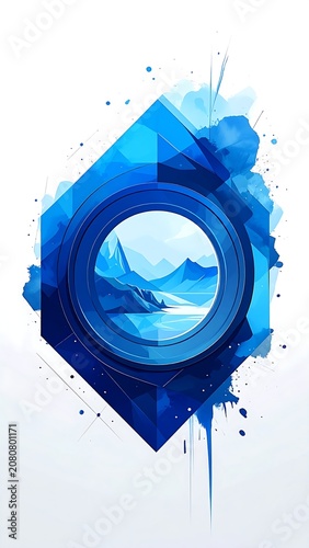 A blue abstract design featuring a circular lens with a scenic view, surrounded by geometric shapes and splatters