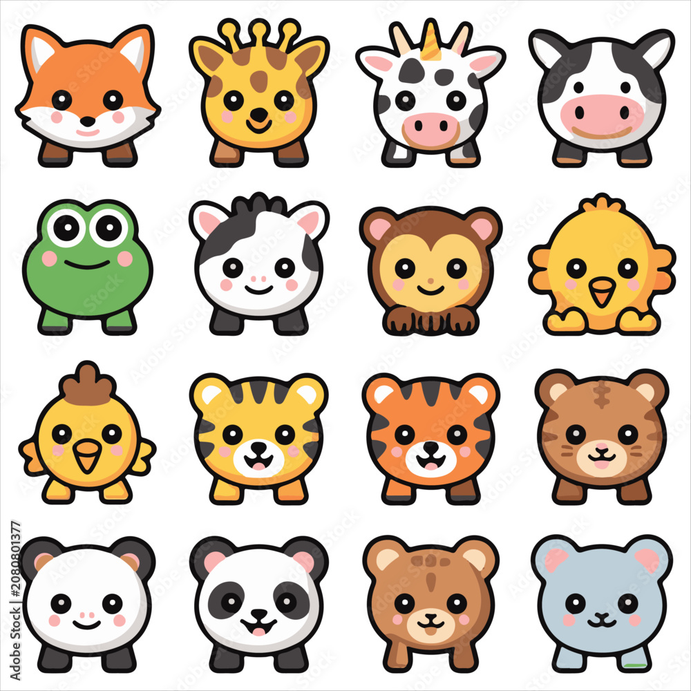 Fototapeta premium Cute Kawaii Animal Friends Group Vector Illustration, Adorable Cartoon Animals Group Vector Design.