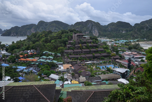 Phi Phi Islands, Thailand – May 18, 2026: Elevated view of hotels, homes and tropical hillsides on Ko Phi Phi Don