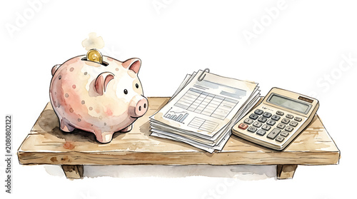 Piggy bank with financial documents and calculator on a wooden table illustrating personal finance management and savings planning for future investment goals
