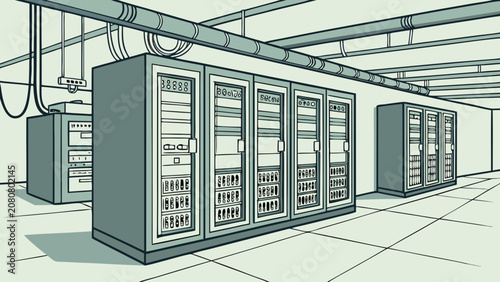 Obraz na płótnie A server room with rows of rack cabinets on a tiled floor, featuring overhead pi