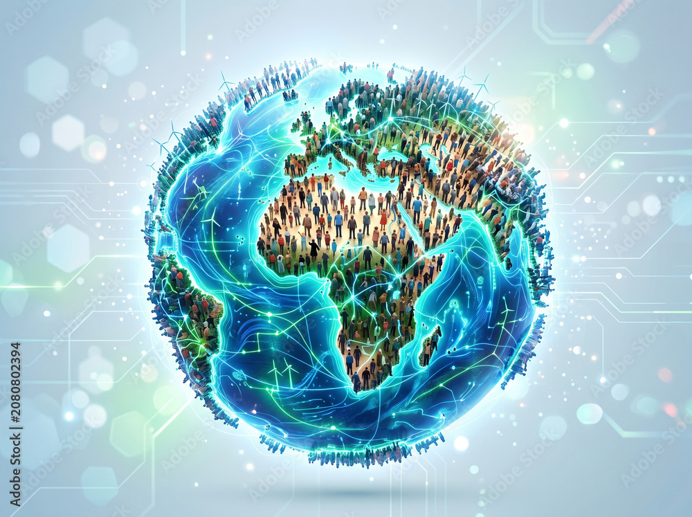 Fototapeta premium Global Digital Network Connection with Diverse People Standing on Planet Earth Representing Worldwide Connectivity and Social Communication