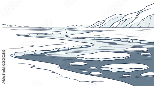 Bild auf Leinwand Arctic landscape featuring a frozen river with floating ice chunks and snowy ban