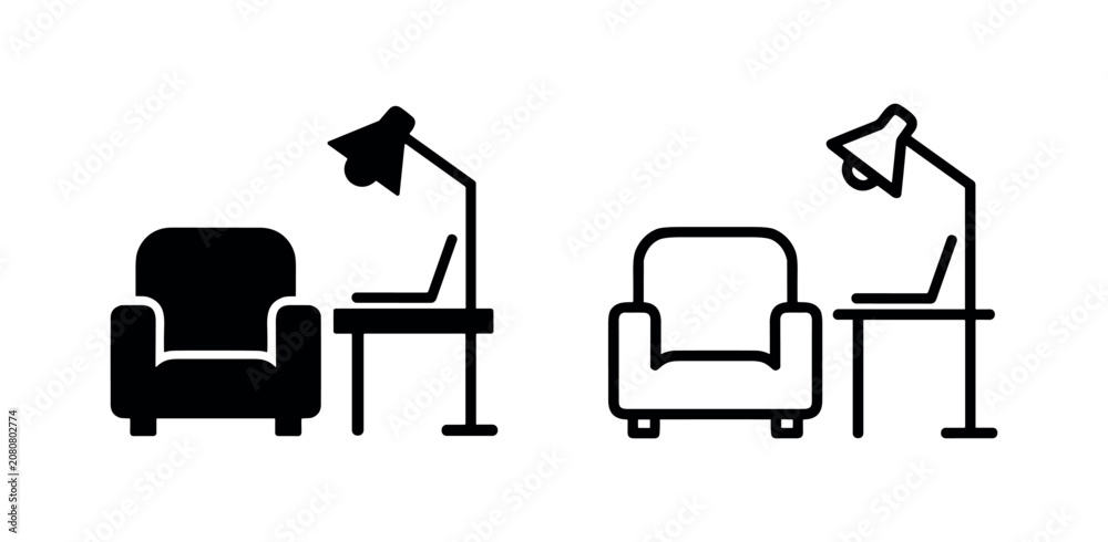 Fototapeta premium Cozy Workspace with Armchair, Laptop, and Lamp Icon