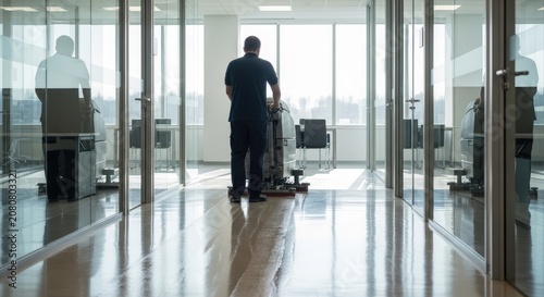 Man cleaning office floor with machine through glass doors and windows