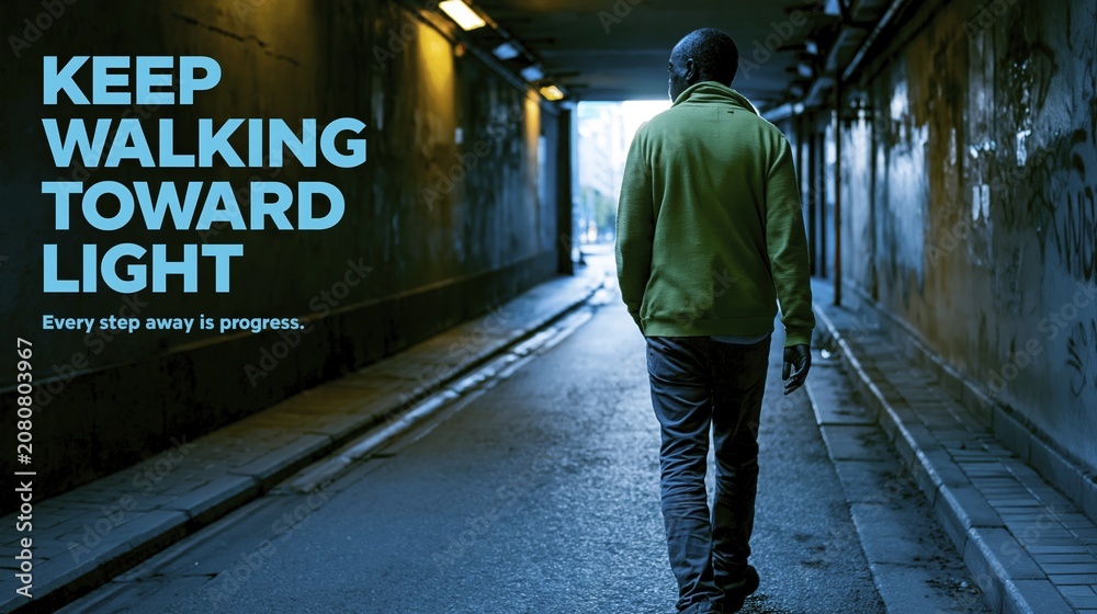 Fototapeta premium Adult walking through dark tunnel toward morning light for addiction recovery campaign