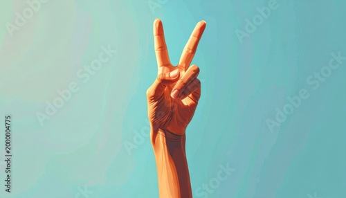 Hand making the peace sign against a soft, bright blue background, evoking a sense of optimism