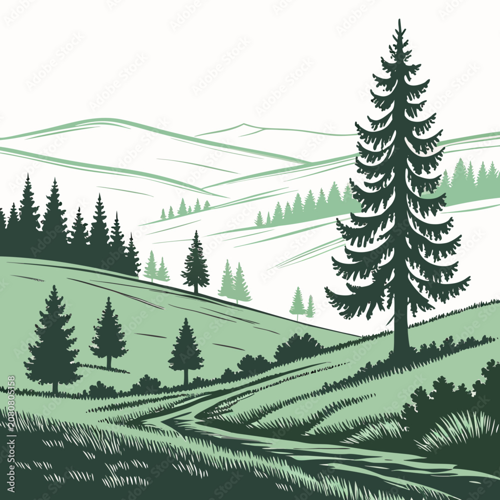 Fototapeta premium Hand drawn of a serene mountain landscape with evergreen pine trees, rolling green hills, and a winding path in a vintage style