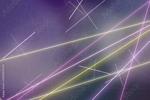 Foto Abstract neon light trails streak across a purple-blue digital grid, creating a futuristic, energetic mood for technology, motion, and creative website banners