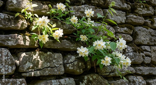 A close-up photograph of white flowers growing on a weathered stone wall