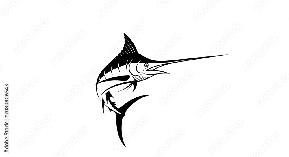 Fototapeta premium Stylized jumping marlin fish vector illustration on white background.