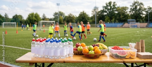 Water bottles and fresh fruit on table at youth soccer field