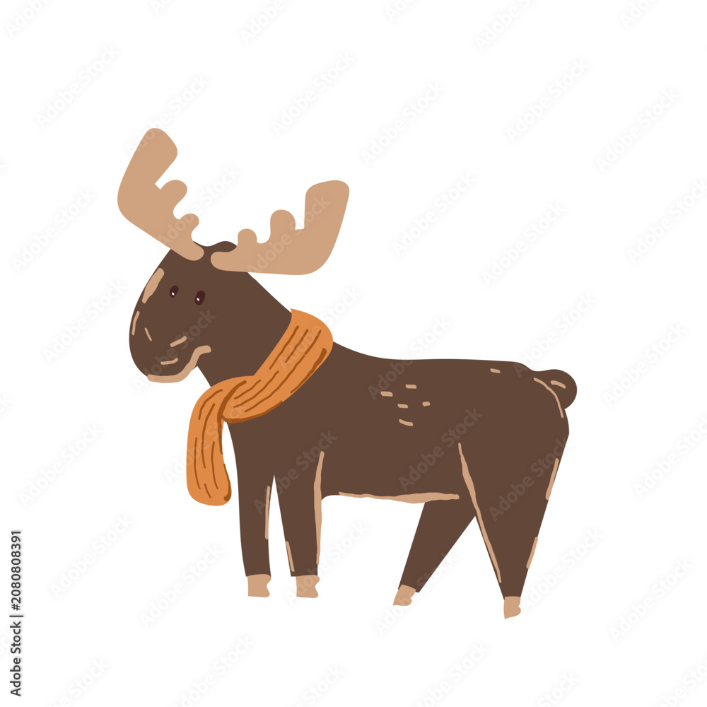 Obraz premium Cute brown moose character with big antlers wearing an orange knitted scarf. Woodland illustration in doodle for kids nursery decor or greeting card. Vector drawing isolated on white 