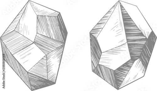 Obraz na płótnie Two geometric crystal shapes with faceted surfaces and hatching for shading