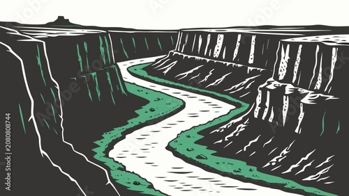 Bild auf Leinwand A dramatic canyon landscape featuring a winding river flowing between dark, stee