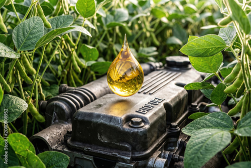 Golden soy biofuel droplet falling onto a mechanical engine, surrounded by lush green soybean leaves. Sustainable energy concept.