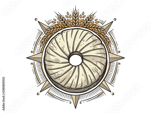 Tableau sur toile Illustrative Millstone Emblem Featuring A Central Grinding Stone With Wheat Crow