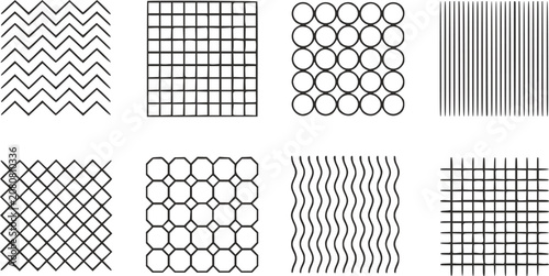Εκτύπωση καμβά A collection of eight distinct geometric patterns featuring lines, grids, circle