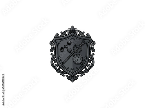 Detailed Ornate Iron Shield Emblem Incorporating Weather Instruments Including Thermometer Pressure Gauge And Mechanical Wheel In A Steampunk Aesthetic Set On A Vector Illustration