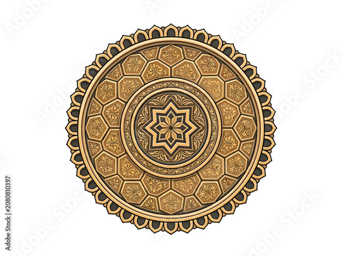 Elaborate Ornate Geometric Arabesque Circular Tile Featuring Detailed Hexagonal Patterns And A Central Star Design In Golden And Black Color Scheme Vector Illustration
