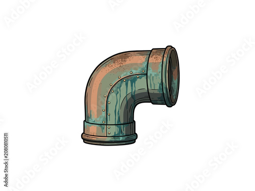 Vintage Style Oxidized Copper Gutter Joint Featuring A Bent Pipe With Green Patina And Detailed Rivets In A Retro Industrial Design, Vector Illustration