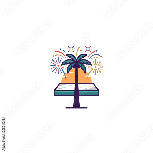 Celebratory Scene Featuring A Central Palm Tree With A Backdrop Of Colorful Fireworks Bursts On A Simple Stage Design For Event Promotions, Vector Illustration