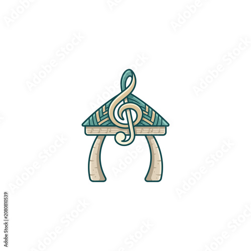 Elaborate Tropical Gazebo Design With Palm Frond Roofing Showcasing A Central Treble Clef Motif And Decorative Musical Elements On The Arch And Base Vector Illustration