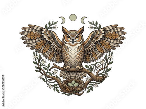Detailed Majestic Owl With Spread Wings Sitting On Branch Adorned With White Flowers Overlooking Nest With Eggs Under Moonlight, Nocturnal Scene Vector Illustration