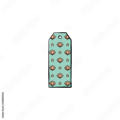 Decorative Rectangular Paper Tag With A Hole For Attachment Showcasing A Whimsical Pattern Of Lotus Buds And Stars In A Light Blue Color Scheme Vector Illustration