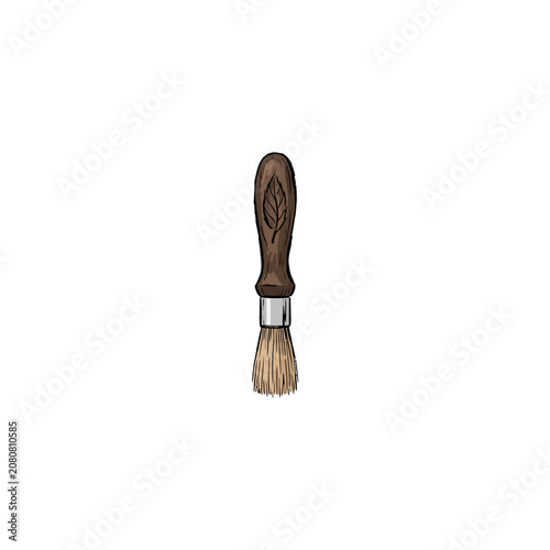 Detailed Wooden Pastry Brush Featuring A Carved Leaf Handle And Natural Bristles For Culinary Use, High-Quality Vector Illustration