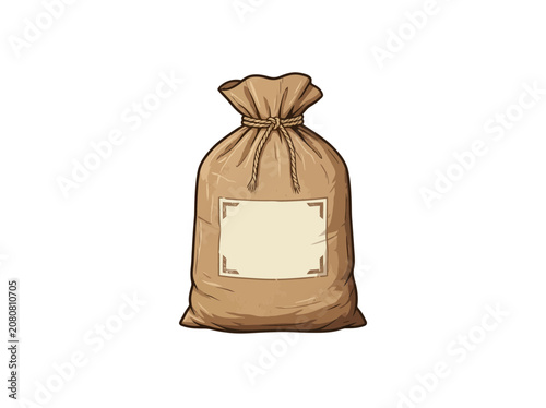 Rustic Burlap Sack Tied With Rope And Blank Label, Representing Gardening Soil Amendment Product, Perfect For Agricultural Or Sustainable Design, Vector Illustration