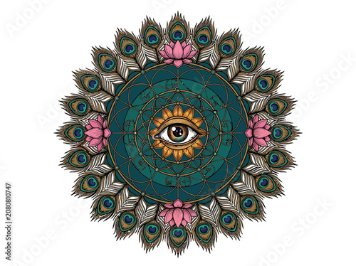 Intricate Mandala Composition Featuring Peacock Feathers Lotus Flowers And A Prominent Eye Design In Vibrant Colors Vector Illustration