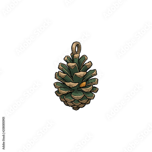 Detailed Pinecone Pendant With Natural Green And Brown Scales, Small Golden Seed, And Circular Hanging Loop For Jewelry Design Vector Illustration