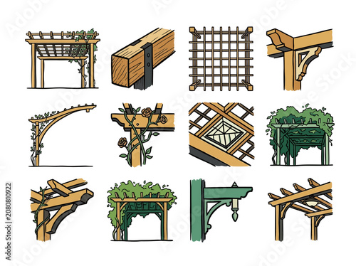 Detailed Grid Diagrams Of Pergola Structures Featuring Wooden Beams, Brackets, And Lattice Panels With Vine Adornments For Garden Construction Blueprints Vector Illustration