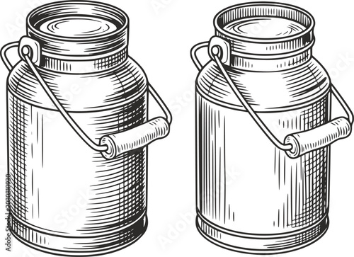 Two vintage metal milk cans with handles illustrated in a classic black and white engraving style on white background